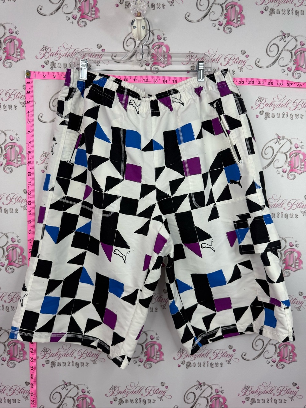 Puma shorts White Swim Board Shorts with Black, Blue, and Purple Geometric Print